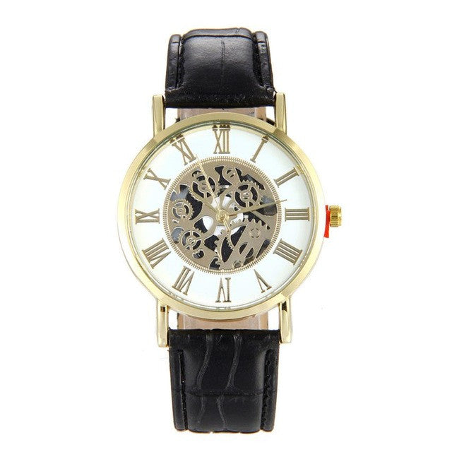 Genvivia Men's Hollow Quartz Wristwatch, Fashion & Casual Style, Leather Band